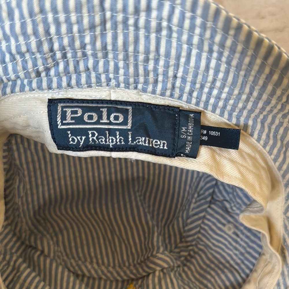 Polo by Ralph Lauren Blue and White Striped Bucket Hat with Yellow Logo - Picture 2 of 2
